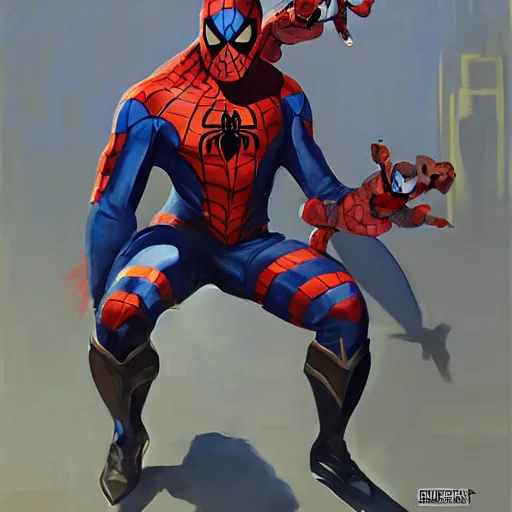 Image similar to greg manchess portrait painting of armored spiderman as overwatch character, medium shot, asymmetrical, profile picture, organic painting, sunny day, matte painting, bold shapes, hard edges, street art, trending on artstation, by huang guangjian, gil elvgren, ruan jia, greg rutkowski, gaston bussiere