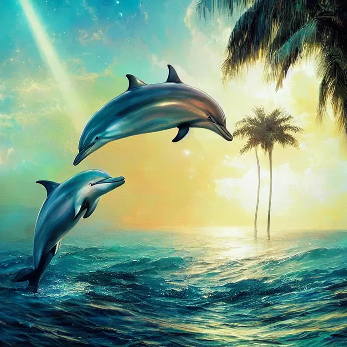 Image similar to dolphins swimming, golden hour, god rays, by artgerm and ruan jia and ismail inceoglu and greg olsen, palm trees, cosmos, milky way galaxy, masterpiece, beautiful, intricate, elegant, highly detailed