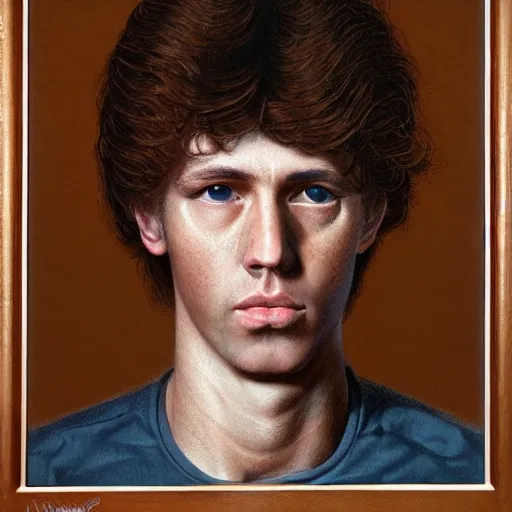 Prompt: a head - on portrait of a 2 0 - something engineering student, brown messy hair, by wayne barlowe