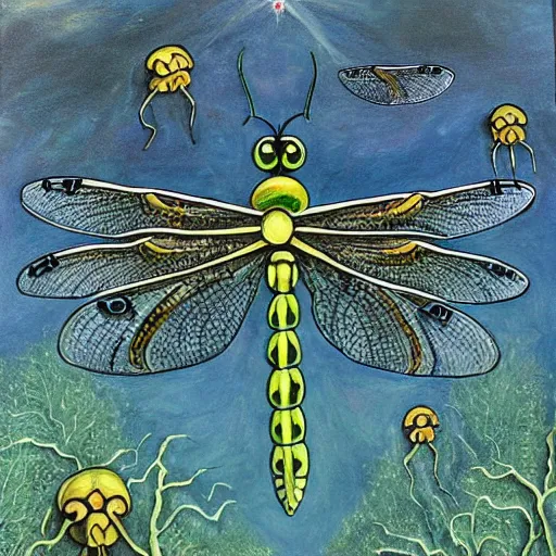 Image similar to the dragonflies rule over the earth, a detailed painting, horror