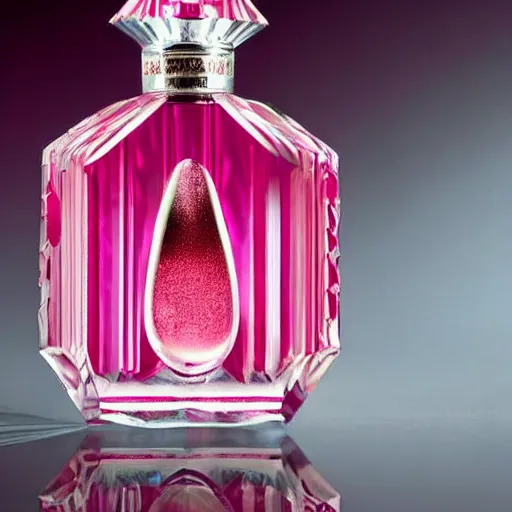 Image similar to a bottle of Kilian perfume, Kilian Love Don't Be Shy, the bottle of perfume is laying on pink sugar crystals, high resolution photo,