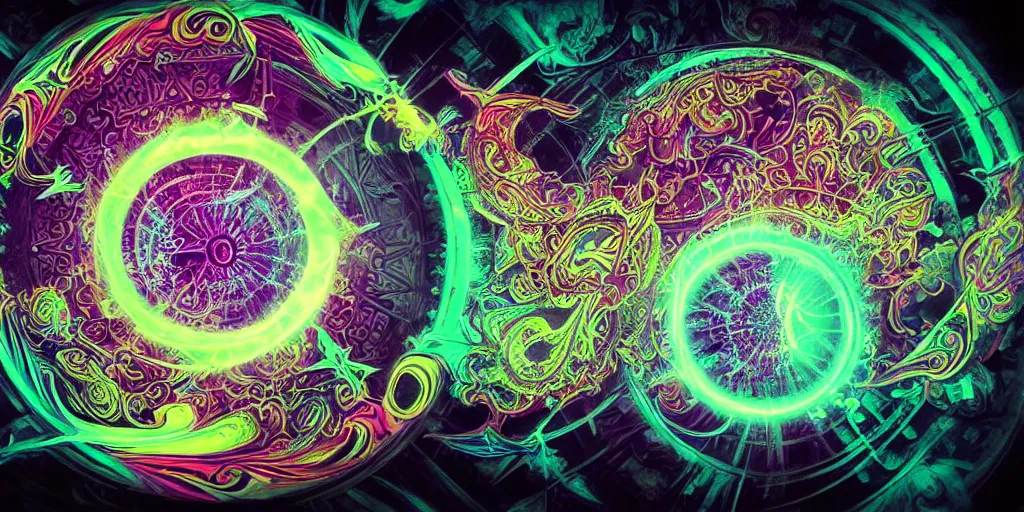 Prompt: [ palate ] [ nebulous energy ] [ muted neon colors ] intricate gothic style time portal with paisley cloud pattern, god at the gate, award winning composition, vibrant neon nebulous clouds, symmetrical details, sharp focus, hyper realistic illustration, radiant light rays, photorealistic illustration, intricate and fine details, volumetric lighting,