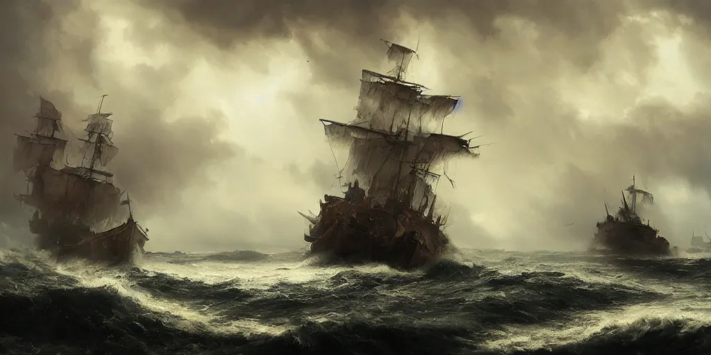 Image similar to A hyper realistic oil painting of a single pirate ship in a storm, dark clouds above, fog, lightning lights the sky, by Greg Rutkowski, hyper detailed, trending on artstation