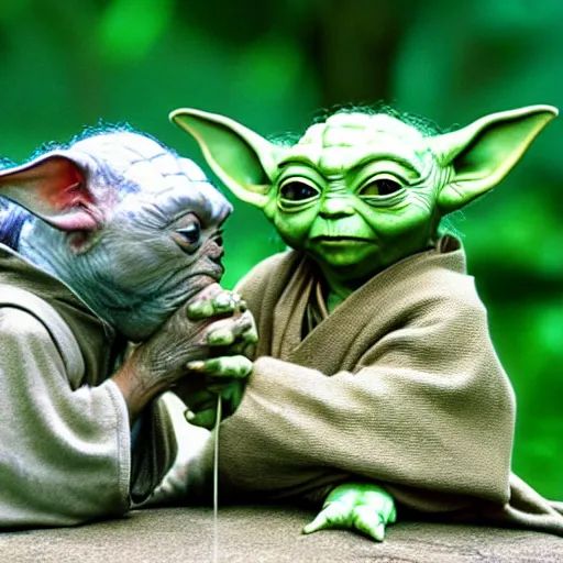 Image similar to a civilization of members of Yoda's species interacting with eachother on their home planet, award winning nature photo