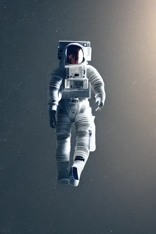 Image similar to a bottom view of a walking astronaut, low - angle view, photography, out - space background, cinematic lighting, 8 k