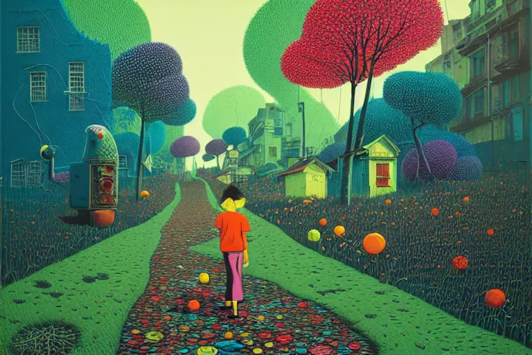 Image similar to surreal glimpse into other universe, jalan - jalan cari makan, summer morning, very coherent and colorful high contrast, art by!!!! gediminas pranckevicius!!!!, geof darrow, floralpunk screen printing woodblock, dark shadows, hard lighting, stipple brush technique,