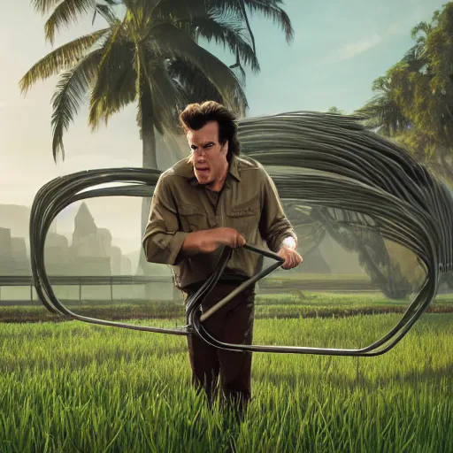 Image similar to hyperrealistic film still of ace ventura as the lawnmower man, stunning 3 d render, inspired by istvan sandorfi & greg rutkowski & unreal engine, perfect symmetry, dim volumetric cinematic lighting, 8 k octane comprehensive render, extremely hyper - detailed, incredibly lifelike attributes, intricate, real flesh texture, masterpiece, artstation, stunning,