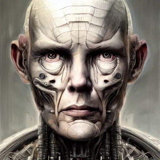 Image similar to surreal portrait of a man by Greg Rutkowski and H.R Giger, cyborg of indeterminate age, symmetrical, bald, haunting and artificial appearance, pale as marble, biomechanical and intricate, empty and uncany expression, cosmic void background, frightening, fascinating, highly detailed portrait, digital painting, book cover, artstation, concept art, smooth, sharp foccus ilustration, Artstation HQ.