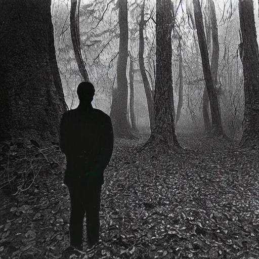 Image similar to old photograph of a a person standing in an eerie forest with an alien standing in the distance behind them