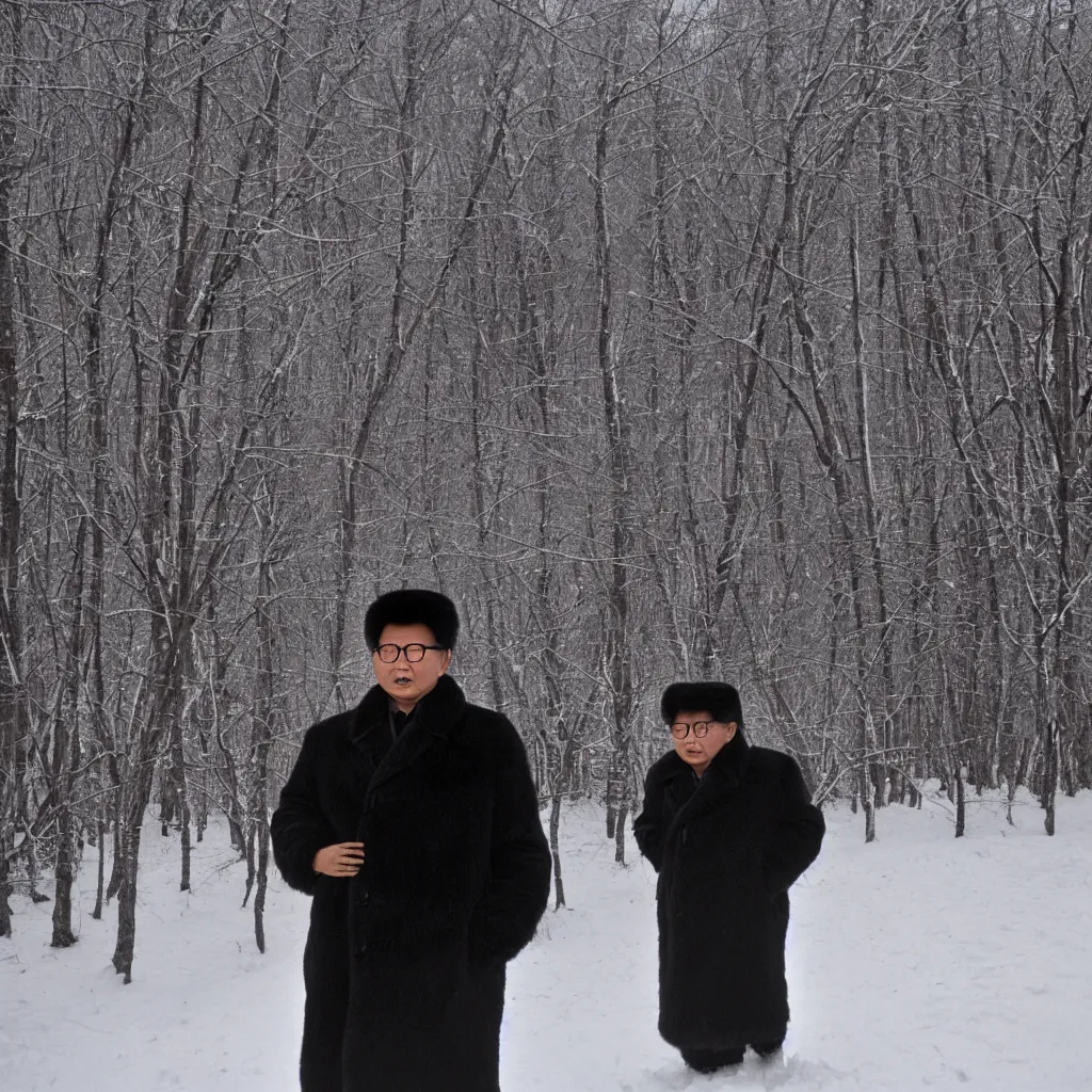 Image similar to filmstill of Kim Jong-il wearing a furry chapka and playing the role of Omar Sharif in Doctor Zhivago by David Lean, man in furry coat, cold Russian landscape, snow and trees, minimal composition, 1965, cinemascope, Eastman Color Negative 50T 5251 Neg. Film, epic romance