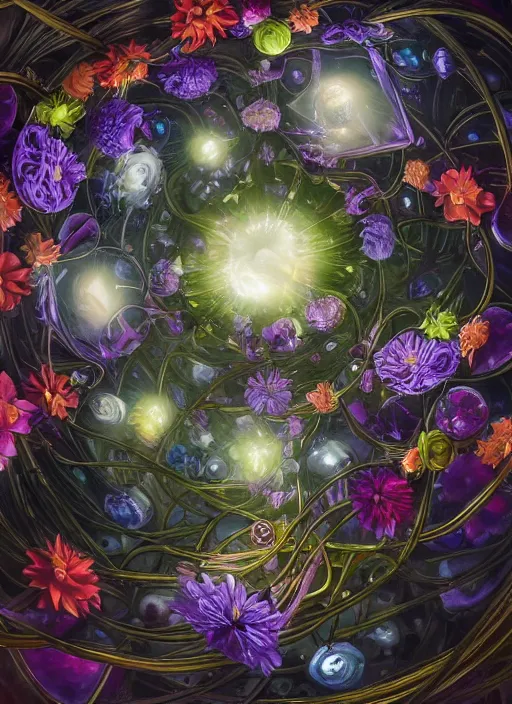 Image similar to An epic fantastic realism comic book style painting of the most beautiful spiraling entwined flowers launched exquisitely across the bright spinning universe, floating bouquets, fisheye, perfect shiny iridescent silver spheres, unreal 5, DAZ, hyperrealistic, octane render, dynamic lighting