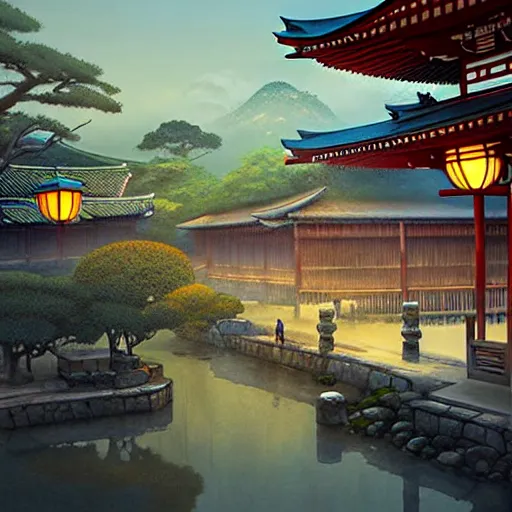 Image similar to old japanese town with garden viewed from harbor, d & d digital painting, ultra realistic, beautiful, volumetric lighting, warm colors advance, cell shading, by james jean, greg rutkowski,