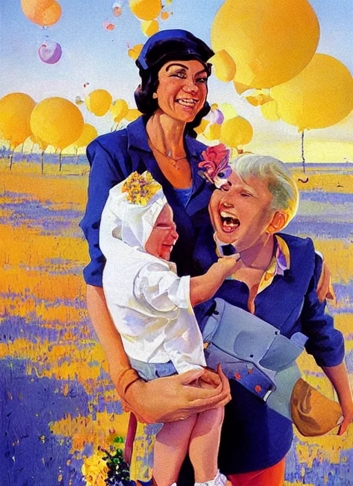 Image similar to portrait of a cheerful mother by robert mccall and vladimir kush