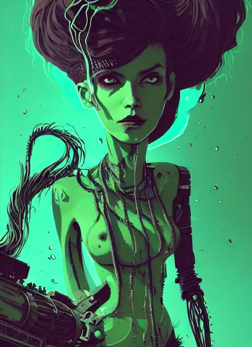 Prompt: highly detailed portrait of a beautiful wasteland punk long dripping green poison hair tribal lady, stray wiring by atey ghailan, james gilleard, by joe fenton, by greg rutkowski, by greg tocchini, by kaethe butcher, 4 k resolution, gradient purple, brown black and white color scheme!!! ( ( green flaming robotic sewer background ) )