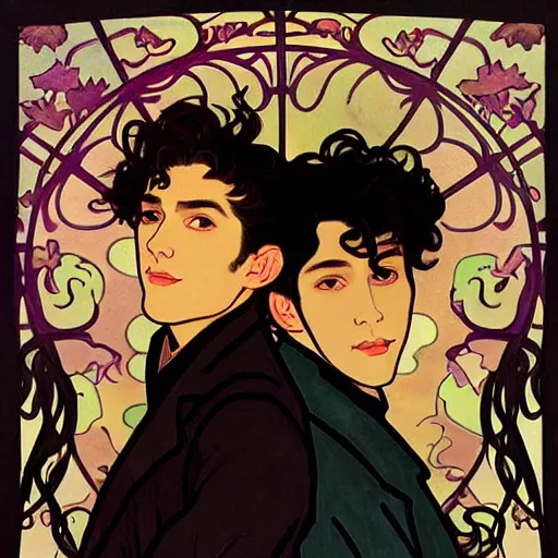 Prompt: painting of young cute handsome beautiful dark medium wavy hair man in his 2 0 s named shadow taehyung and cute handsome beautiful min - jun together at the graveyard party, ghostly, haunted graveyard, ghosts, autumn! colors, elegant, wearing suits!, clothes!, delicate facial features, art by alphonse mucha, vincent van gogh, egon schiele