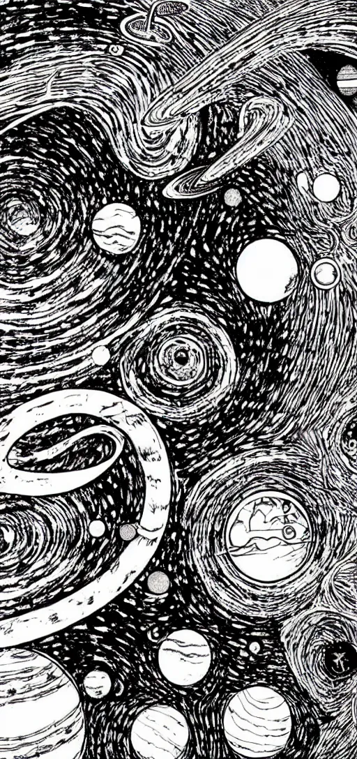 Image similar to Magnificent solar system, high detail, Junji Ito