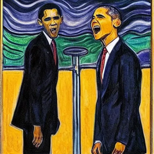 Image similar to obama and harry potter together shouting in unison on the scream edvard munch's painting, museum masterpiece, worth a lot