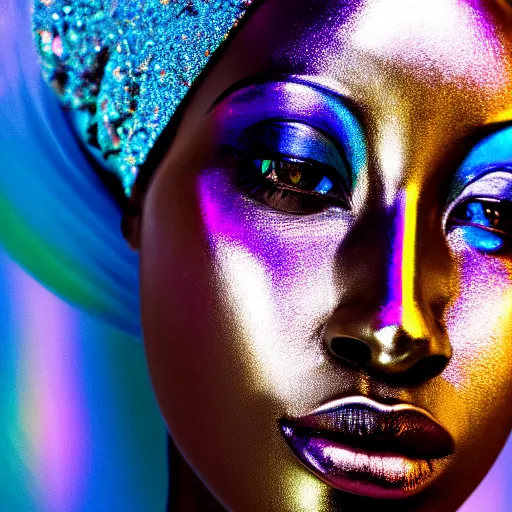 Prompt: portrait photograph of iridescent metalic face, african woman, iridescent reflections, proud looking, blue sky, 8 k, realistic, depth of field, highly detailed, art photography