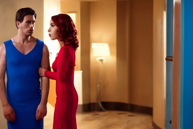 Prompt: full body film still of a man longingly looking at a far away woman in a red dress as a woman in a blue dress looks disgusted at the man in the new romance comedy movie, dramatic angle, dramatic lighting