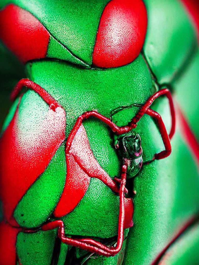 Image similar to subsurface scattering. close - up shot of a beautiful red white and green beetle. insect eyes. complementary color scheme. by slim aarons. studio photography high quality highly detailed award winning photograph by national geographic. soft volumetric light, smooth gradient.