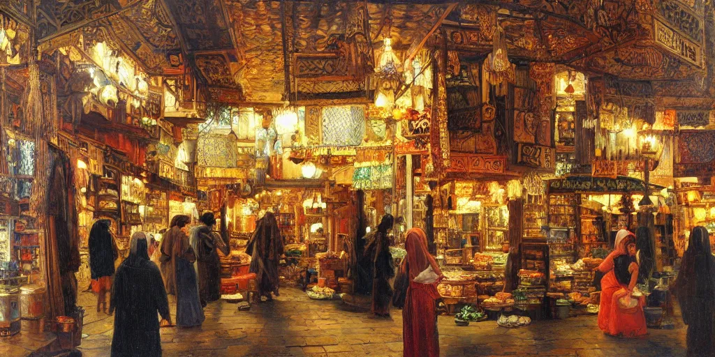 Prompt: Highly detailed romantic period oil painting of a Middle Eastern bazaar, strong atmosphere, oil painting masterpiece by Josep Tapiró Baró, symmetry, fractals