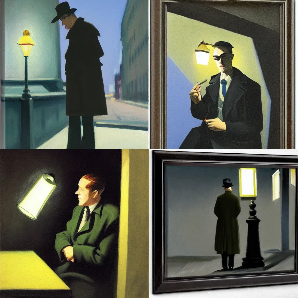 Prompt: prize winning portrait of private eye in trench coat smoking under streetlamp at night, noir atmosphere, by edward hopper