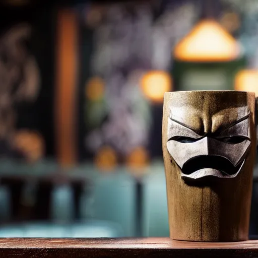 Prompt: a closeup photorealistic photograph of a batman style tiki mug sitting at a trader vic's bar featuring batman face. tiki theme. tiki culture. bright scene. fine detail. this 4 k hd image is trending on artstation, featured on behance, well - rendered, extra crisp, features intricate detail, epic composition and the style of unreal engine.
