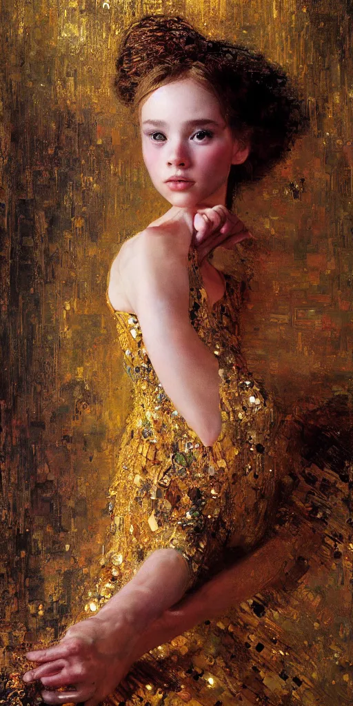 Image similar to an intricate portrait painting of an artistic pose young beautiful ballerina, klimt golden motives and textures, hyper - detailed, octane render, vivid colors, artstation, by jeremy mann, by gustav klimt