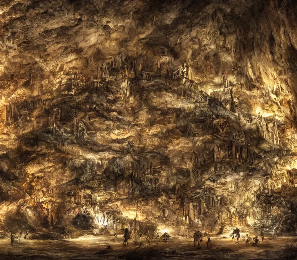 Image similar to the city of Rome but underground in an impossibly large cave,fantasy art,realistic,high quality,detailed