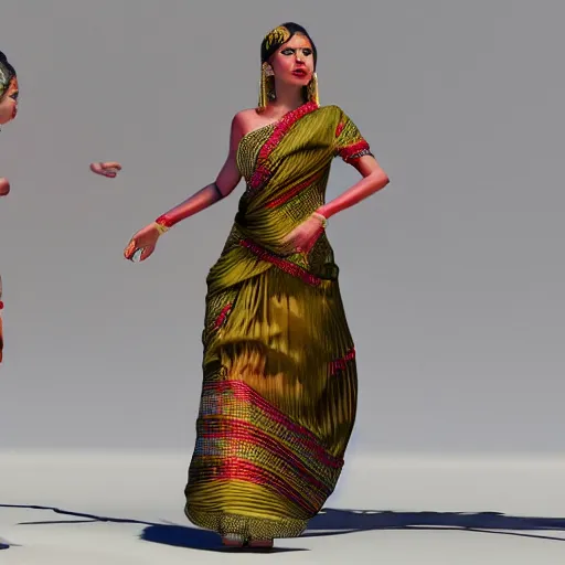 Prompt: finely pleated silk bihu mekhela gowns, tied at the waist by thin silk cords, expertly draped goddess style dress, assamese gamosa pattern + concept art + daz 3 d octane render cinema 4 d v - ray, unreal engine