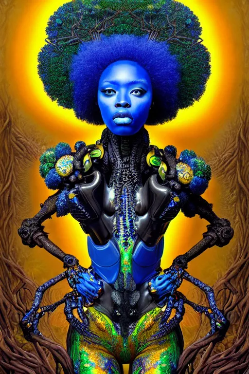 Image similar to hyperrealistic maximalist super expressive! black woman with exoskeleton armor, merging with tree in a forest, highly detailed digital painting masterpiece smooth cam de leon hannah yata dramatic pearlescent blue yellow light ground angle hd 8k sharp focus