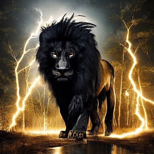 Image similar to epic photography of black lion with gold lightnings in the fur surrounded by ancient trees, colossal scale, photorealistic, high details, intricate by Nick Nichols and Evgeniy Antonenkov