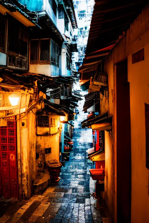 Image similar to an interior view of an old walled city in Hong Kong, colorful, dated and old, dark moody lighting, very detailed, photoreal, 8k, canon 20mm lens