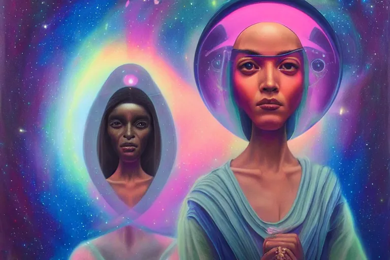 Image similar to patron saint of 🛸🌈👩🏾, futuristic iridescent clothing, wormhole, nebula, black hole, multiverse, neon god of city character portrait, in the style of margaret keane, moebius, tom bagshaw, and waterhouse, cinematic lighting, beautiful, elegant, oil painting,