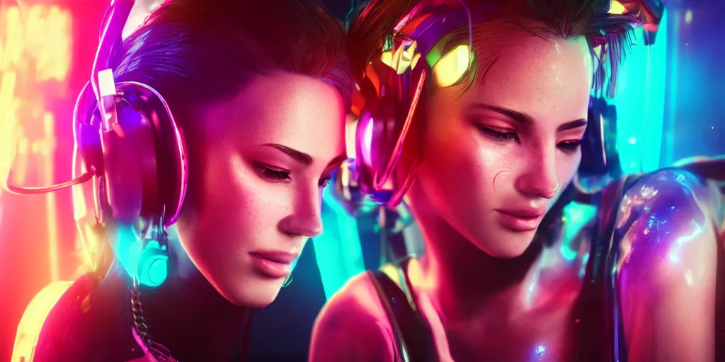 Prompt: beautiful digital drawing of a cyberpunk girl listening to music in a colourful club in KylieDeAmore style botoxed no nose realistic, octane render, hyperrealistic, high quality, highly detailed, artstation, HD, beautiful, cinematic, 8k, unreal engine, facial accuracy, symmetrical