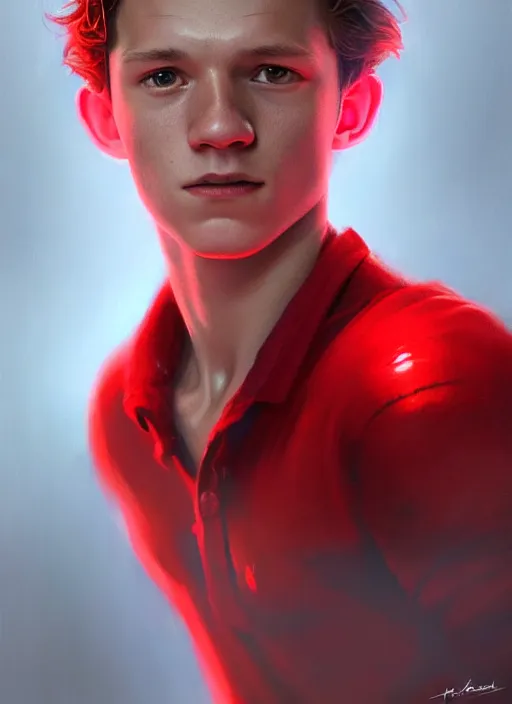 Image similar to portrait of tom holland with hazel eyes, hazel colored eyes, red shirt, intricate, elegant, glowing lights, highly detailed, digital painting, artstation, concept art, smooth, sharp focus, illustration, art by wlop, mars ravelo and greg rutkowski