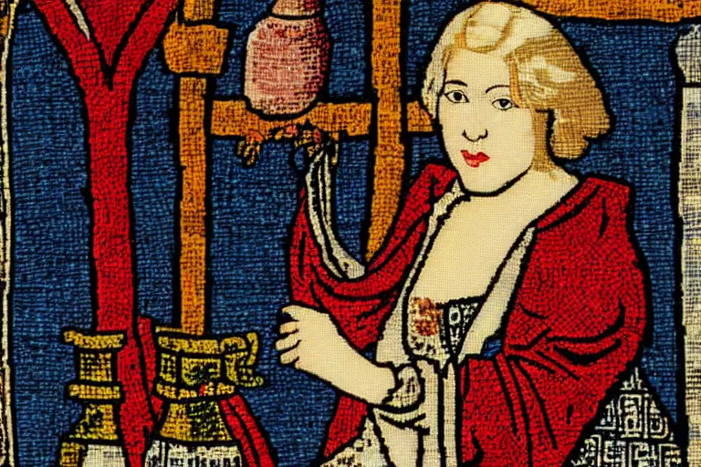 Image similar to a blonde woman wearing medieval tapestry as clothing