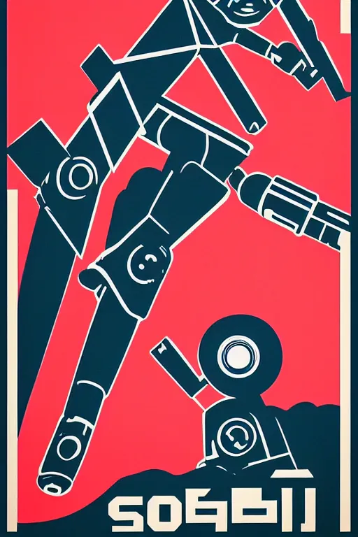 Prompt: sovietwave propaganda poster about the dangers of robots, minimalist, silkscreen, graphic design, russian text