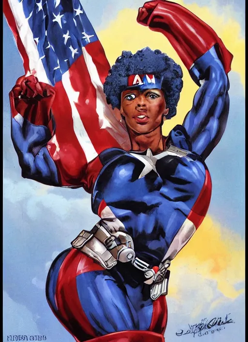 Image similar to beautiful black female captain america. afro - feminist captain america wins wwii. american wwii propaganda poster by james gurney, rob liefeld and pixar. gorgeous face. overwatch, realistic. black power