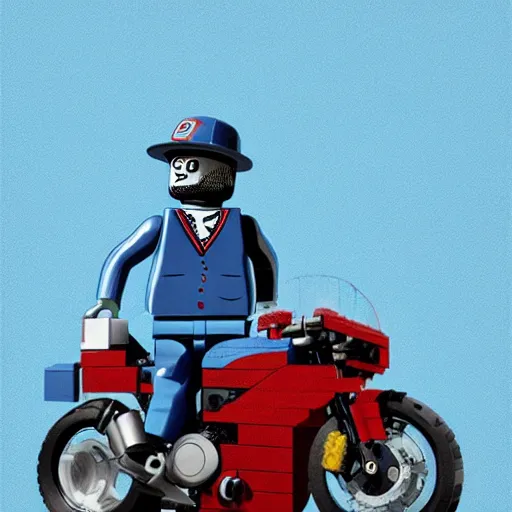 Image similar to a lego minifigure wearing a blue jean and blue shirt and a grey beanie, he is riding a very red ducati panigale, 3 d octane render, artstation, concept art, smooth, sharp focus ilustration hq, octane render, hyperrealistic, aenaluck, artgerm, greg rutkowski