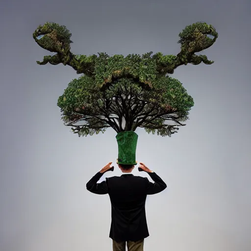 Image similar to a man in a green jacket with a tree on top of his head, a surrealist sculpture by kim keever, behance, pop surrealism, surrealist, dystopian art, whimsical