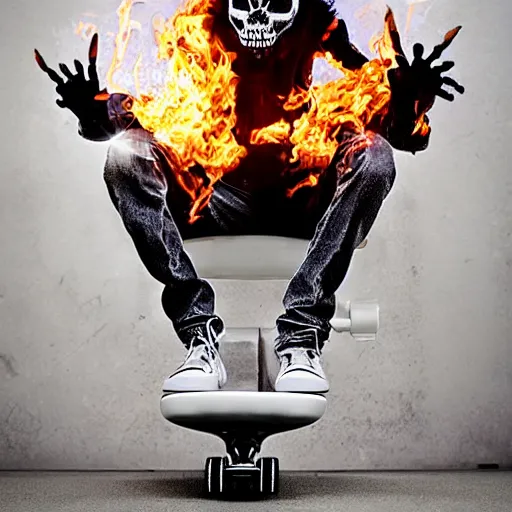 Image similar to super cool radical flaming skeleton sitting on a toilet mounted to a skateboard, hyper realistic, photograph.