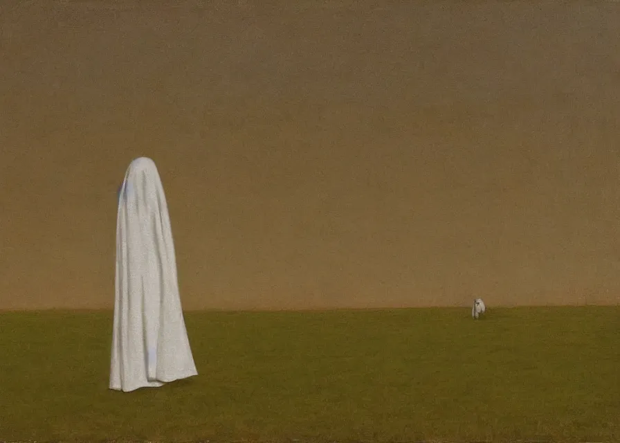 Image similar to white sheet ghost standing in an empty field, by jean charlot