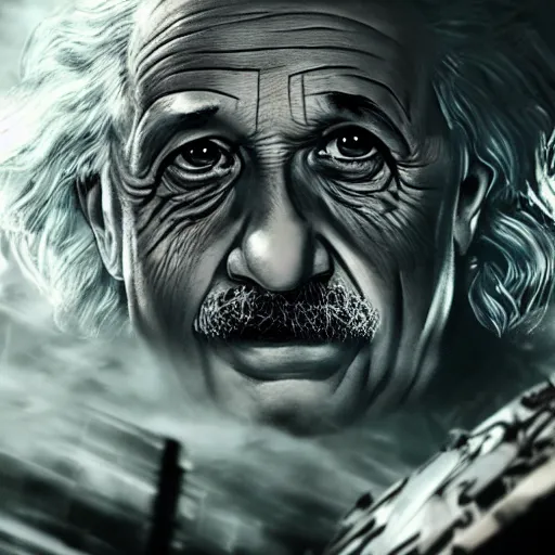 Image similar to 'Albert Einstein'! as Batman in Gears of War, splash art, movie still, detailed face, cinematic lighting, dramatic, octane render, long lens, shallow depth of field, bokeh, anamorphic lens flare, 8k, hyper detailed, 35mm film grain