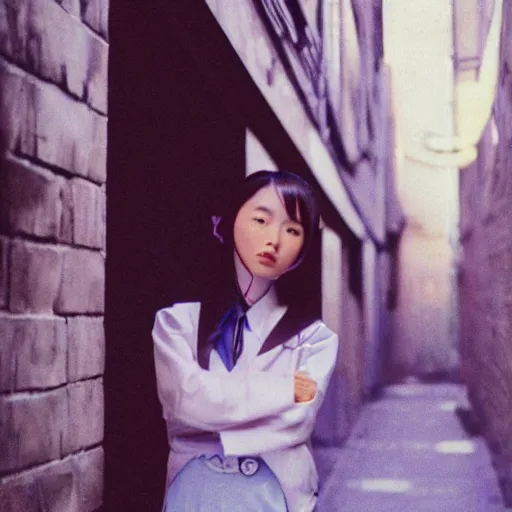 Image similar to 1990s perfect 8K HD professional photo of close-up japanese schoolgirl posing in sci-fi dystopian alleyway, at instagram, Behance, Adobe Lightroom, with instagram filters, depth of field, taken with polaroid kodak portra