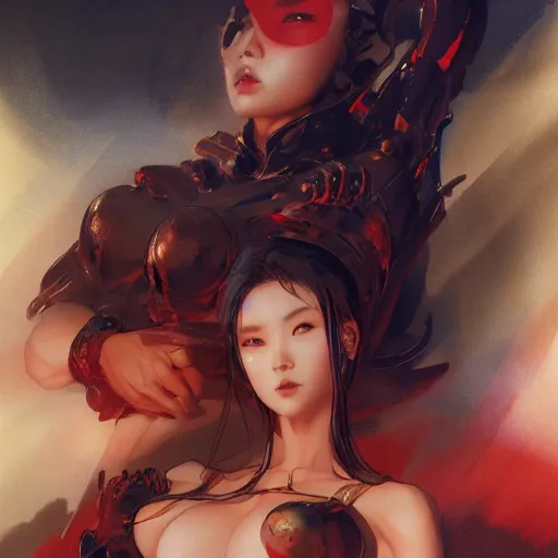 Prompt: lee jin - eun by peter andrew jones and akihiko yoshida, rule of thirds, seductive look, beautiful