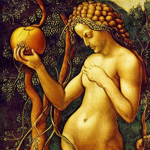 Prompt: the snake in the garden of eden holding a golden apple in its hand, coiled around a tree. painted by leonardo davinci