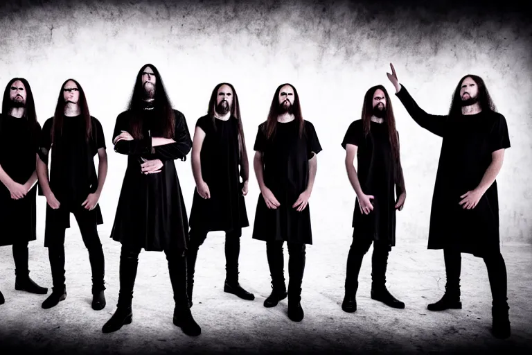 Image similar to a christian religious black metal band playing christian black metal, stage outfits, cinematic, elegant, professional studio light, real dlsr photography, sharp focus, 4 k, ultra hd, sense of awe, high fashion