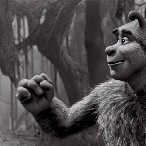 Prompt: film still of Shrek as a werewolf in The Wolf Man 1941