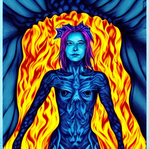 Prompt: portrait of young girl half dragon half human, dragon girl, dragon skin, dragon eyes, dragon crown, blue hair, long hair, surrounded of blue fire flowing, By David Lynch